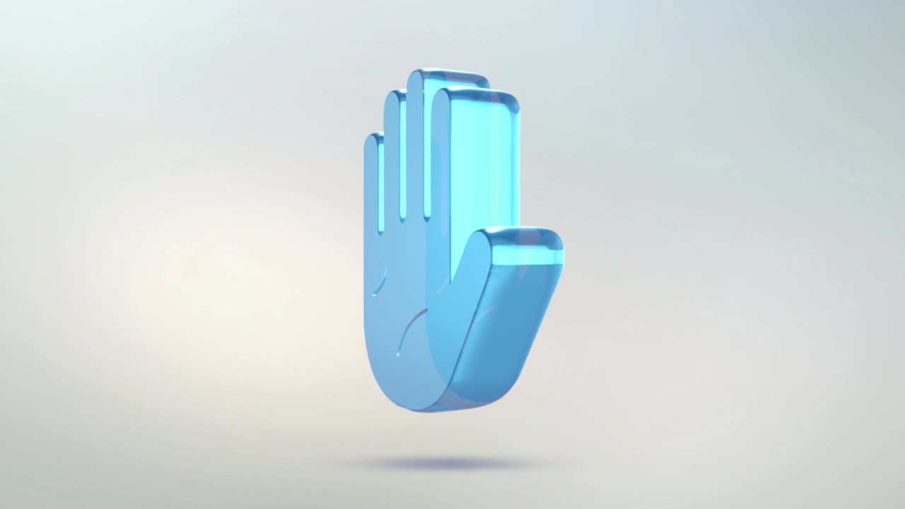 el icono de la palma está hecho de vidrio. icono de palma giratoria transparente con canal alfa de color azul verde. símbolo de bucle sin costuras figura 3d