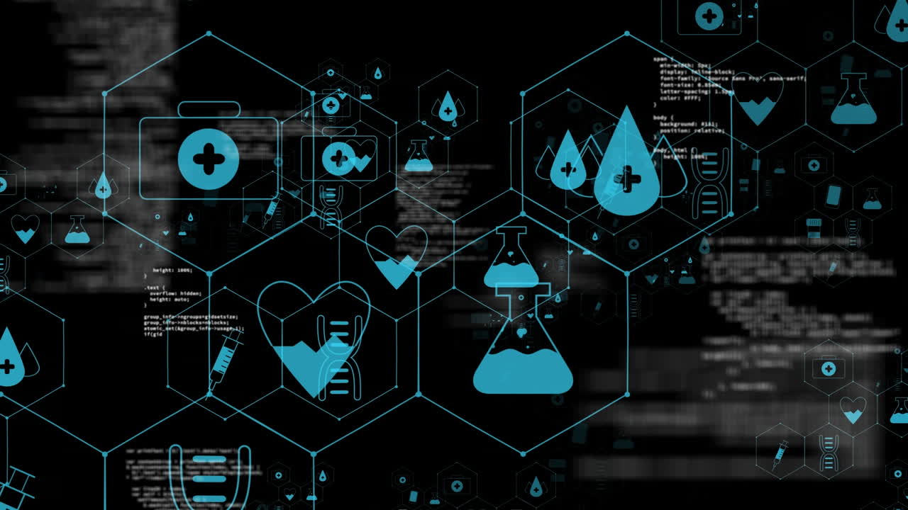Animation of medical icons and data processing on black background