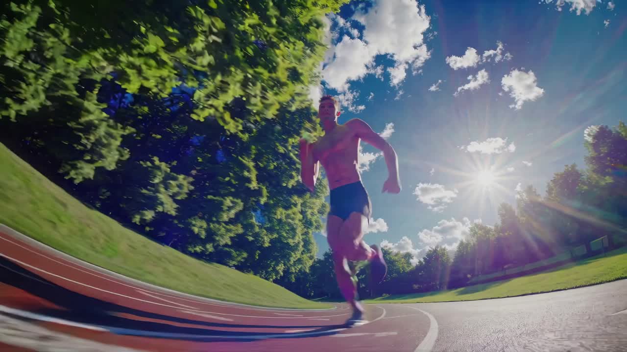 Dynamic video scene with a low-angle view of a runner on a track, surrounded by vibrant