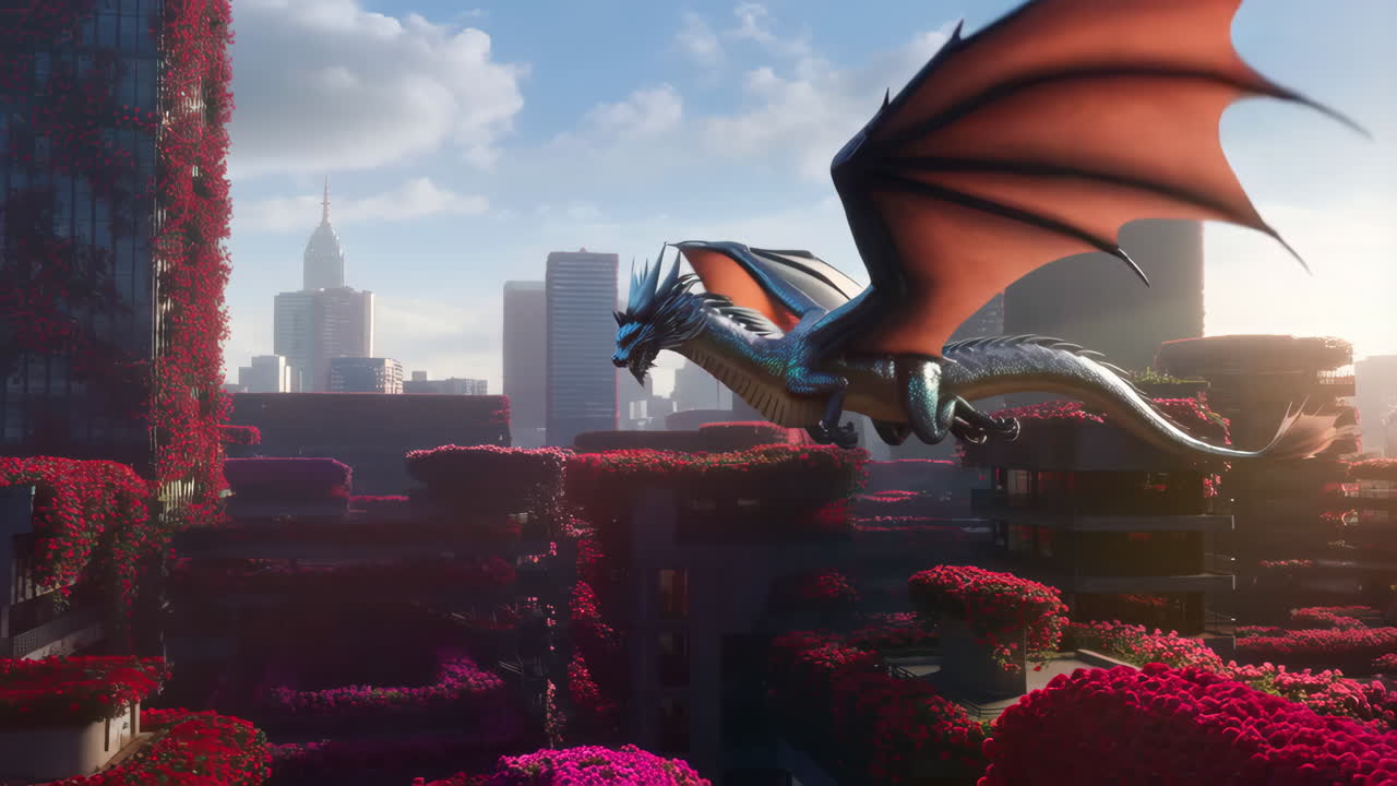 A majestic dragon soars over a city overgrown with vibrant red and pink flowers