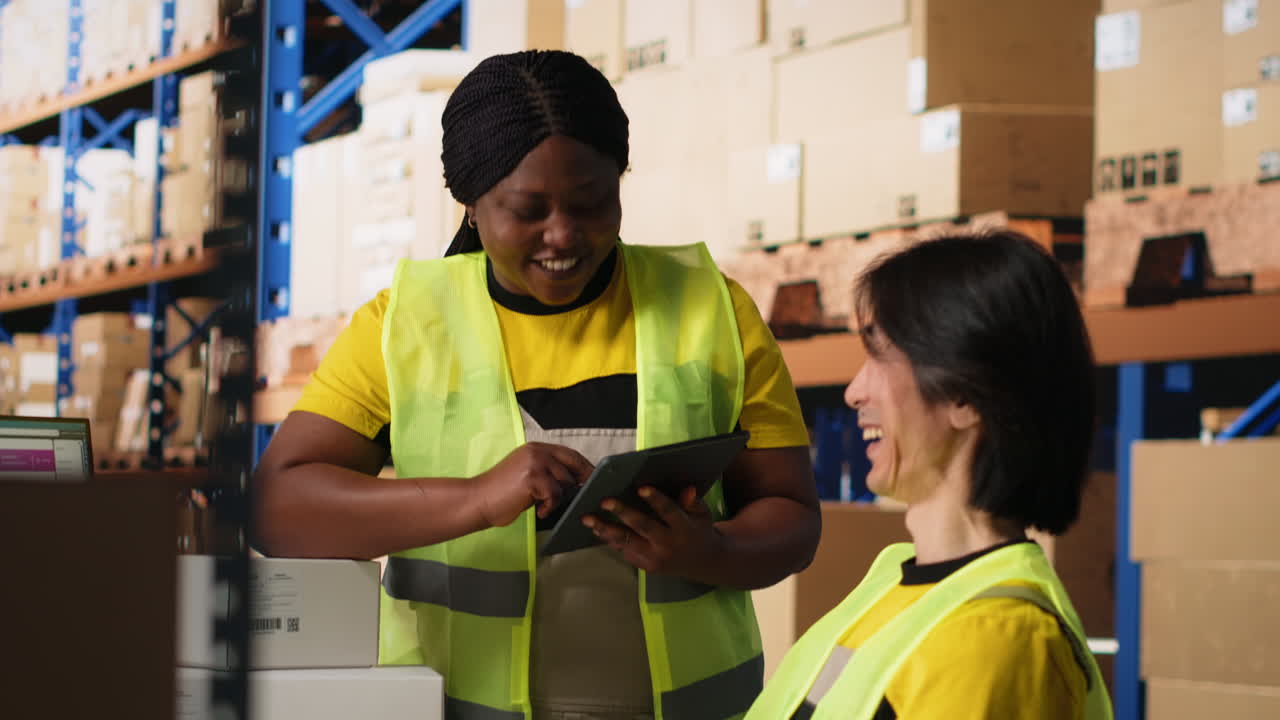 Vertical Video Satisfied coworkers sharing a high five after successful order processing