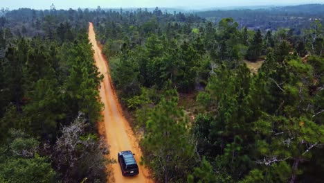 aerial following a suv on dirt roads in mountain pine ridge forest reserve in belize