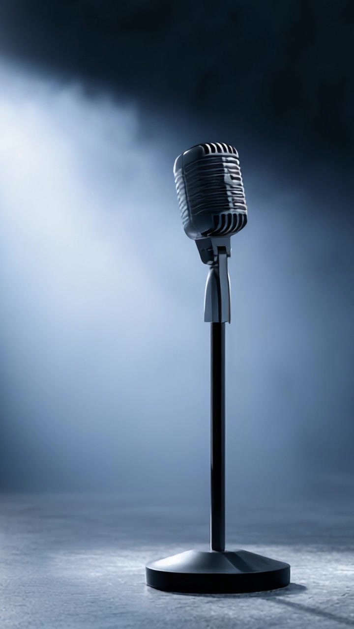 A Classic Retro Microphone Standing Elegantly Under Dramatic Lighting, Perfect for Capturing Melodious Vocals in a Studio or Performance Setting