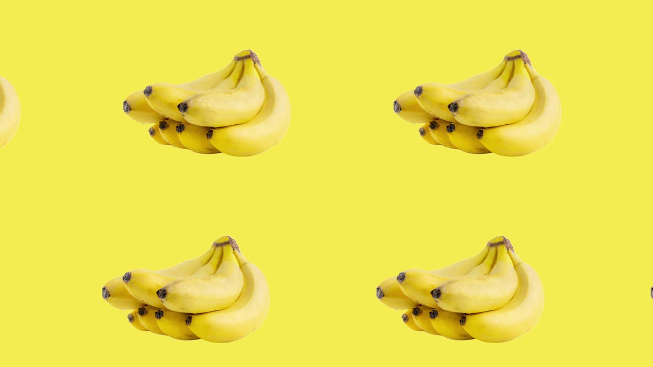 dos líneas con muchos racimos de plátanos animados en diferentes direcciones sobre un fondo amarillo. bucle sin costuras de comida tropical realista en 3d. arte de diseño de movimiento mínimo