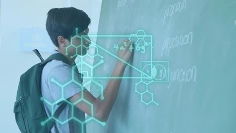 animación de diagramas de cadenas de adn y ecuaciones matemáticas sobre un escolar biracial en la pizarra