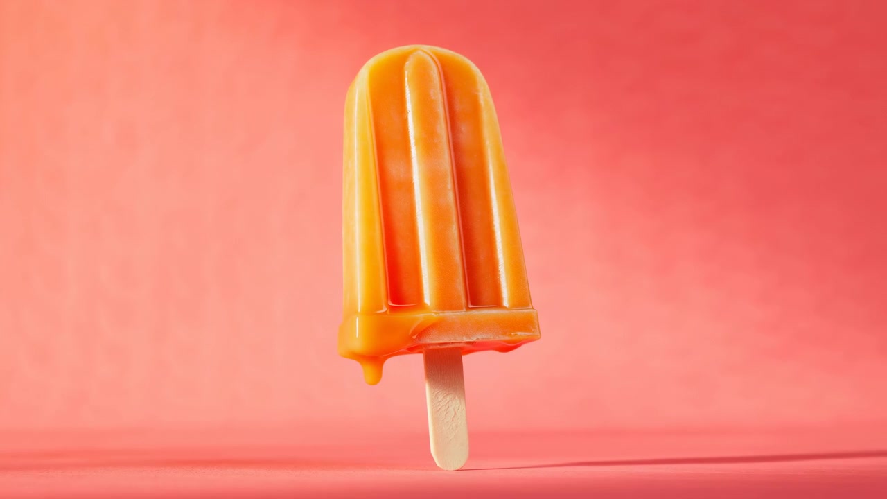 Un singolo ghiacciolo arancione congelato su un bastoncino di legno è mostrato su uno sfondo rosa liscio con illuminazione da studio soffusa, creando una composizione alimentare pulita e minimale