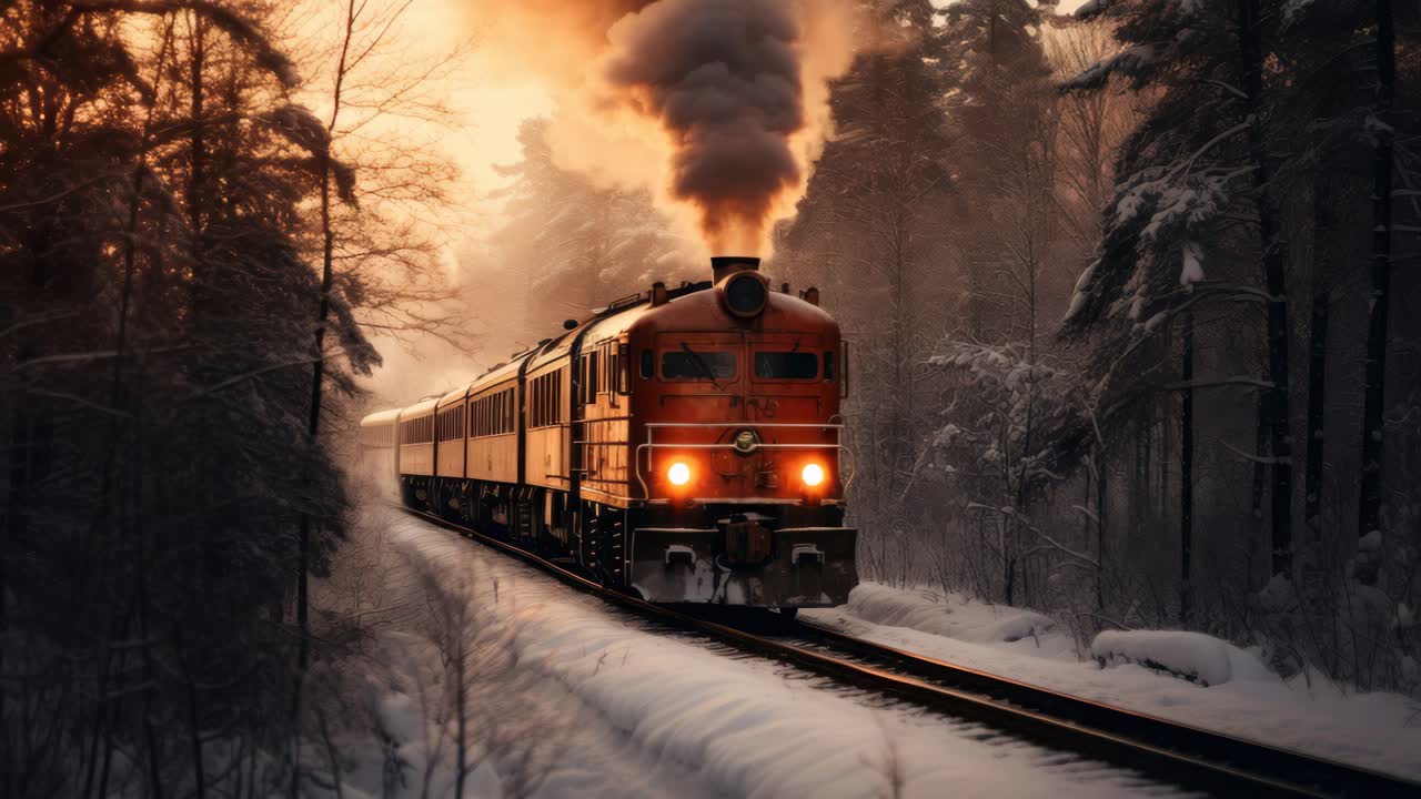Un treno d'epoca sfreccia attraverso una foresta innevata al tramonto, ripreso da un angolo basso