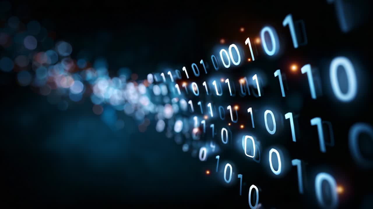 A captivating visual representation of digital data flowing through a futuristic landscape, showcasing binary code in blue tones against a dark backdrop, symbolizing technology and information exchange