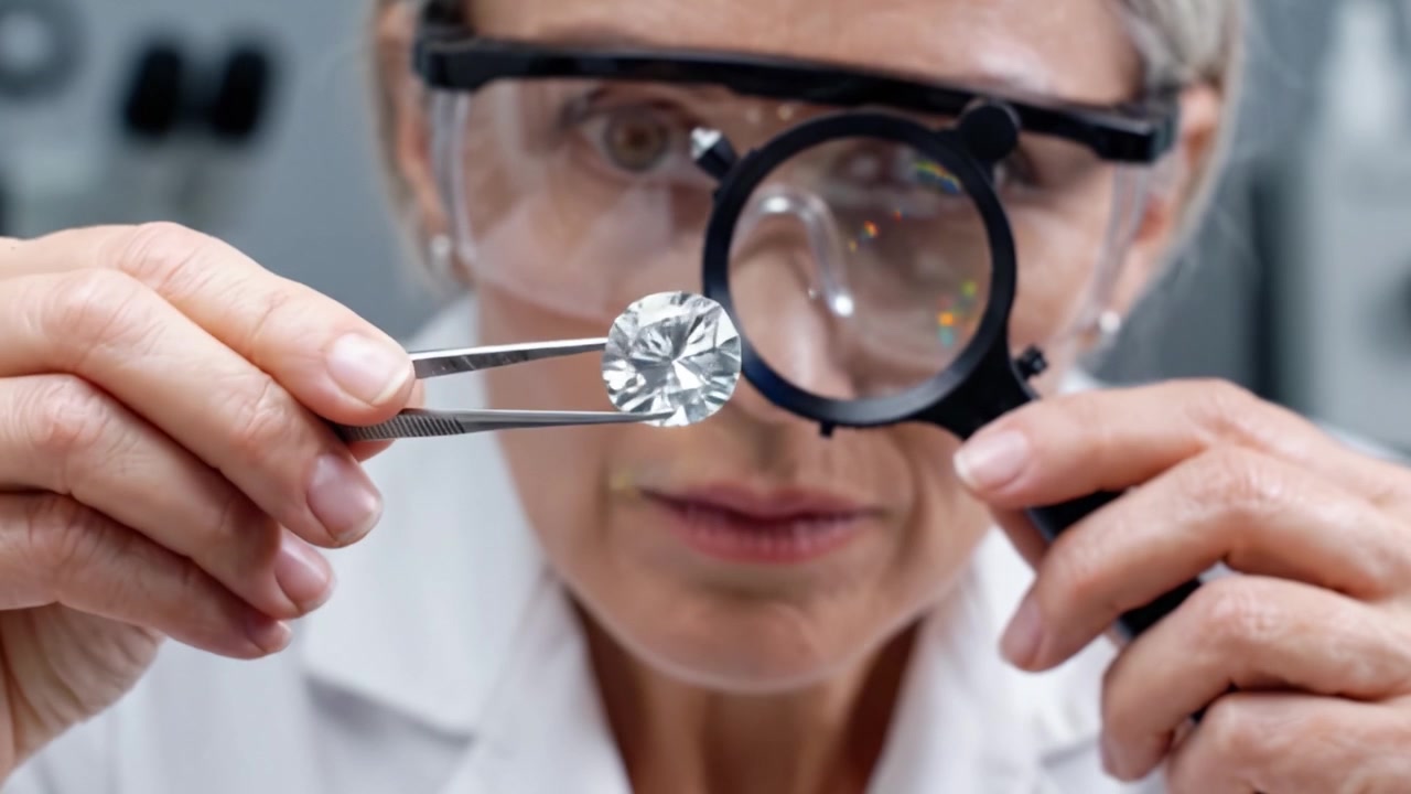 Gemólogo Especialista Examina a Qualidade de Diamantes com Ferramentas de Precisão Sob Ampliação em Ambiente de Laboratório, Demonstrando Avaliação Profissional de Gemas