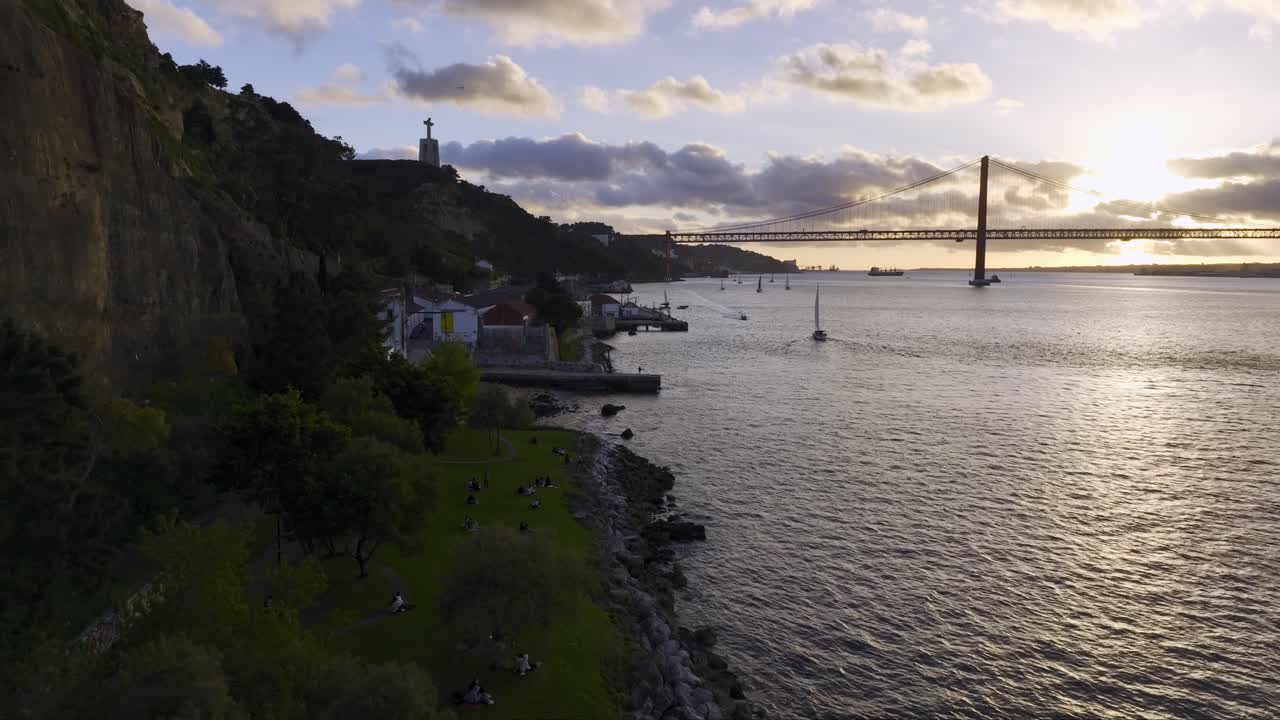 Drone ascending from the riverside in Almada