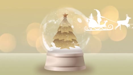 santa claus in sleigh being pulled by reindeers against christmas tree in a snow globe