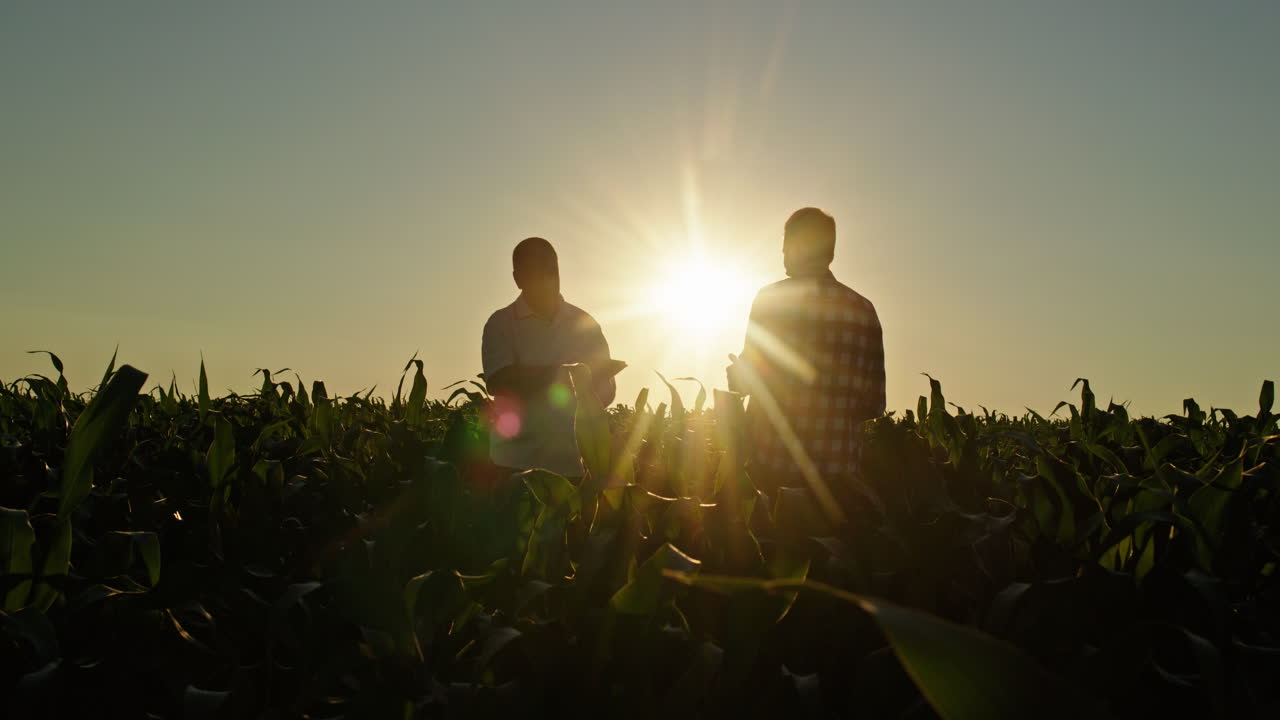 Agricultores inspeccionando un campo de maíz al atardecer