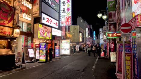 neon lights and pedestrians in a lively district