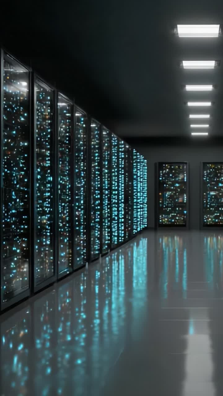 A Stunning Glimpse into the Futuristic Data Center: Sleek Racks Illuminated with Blue Lights Reflecting in a Glossy Floor Created for High-Performance Computing and Storage