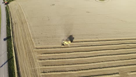 vista aérea circular de un campo de grano que está siendo cosechado por una cosechadora y una carretera con coches conduciendo a su lado