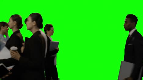 businesspeople walking against green screen