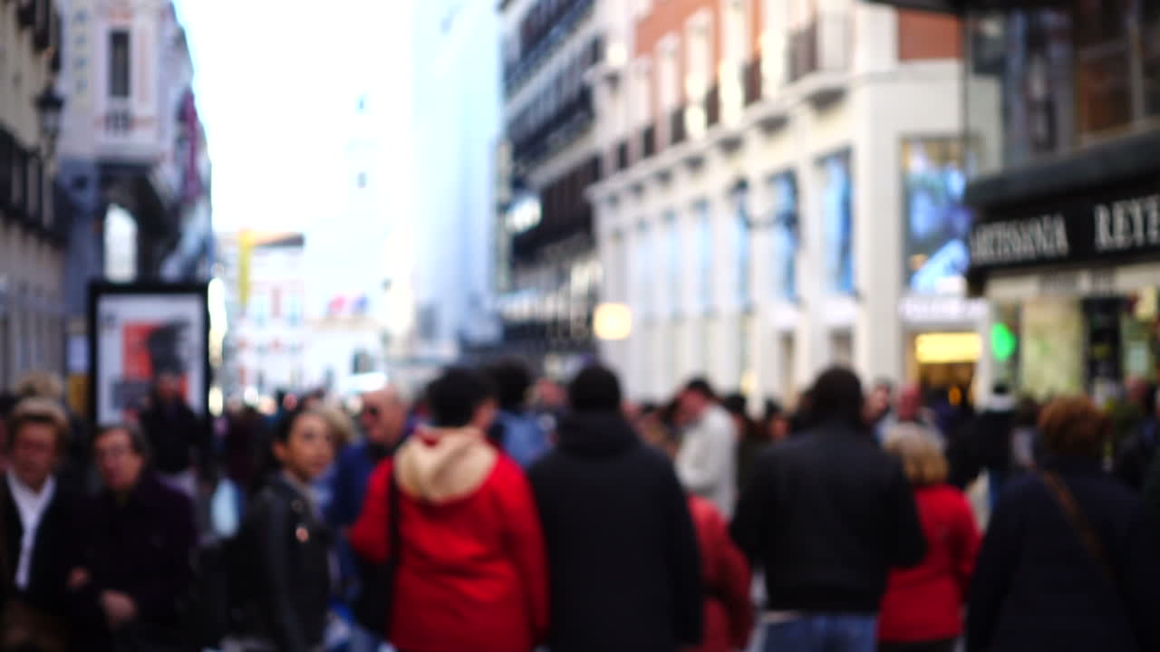 Movement of people along Fuencarral street. Out of focus. Slow motion. MADRID, SPAIN
