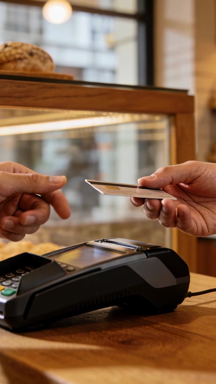 Video verticale: Mano di un acquirente con maniche lunghe che tocca il terminale per carte per pagare al bancone di un caffè.