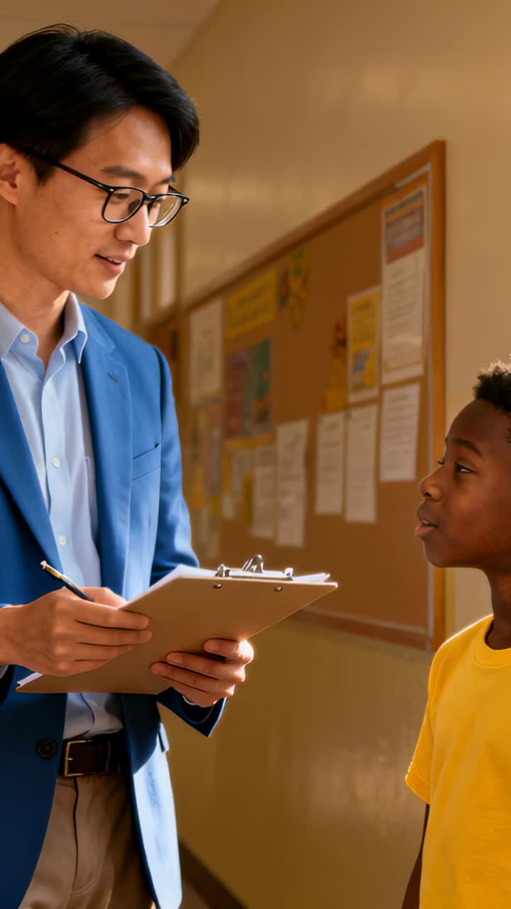 Vertical video: Checking clipboard teacher in blazer writing at school by board, child listening