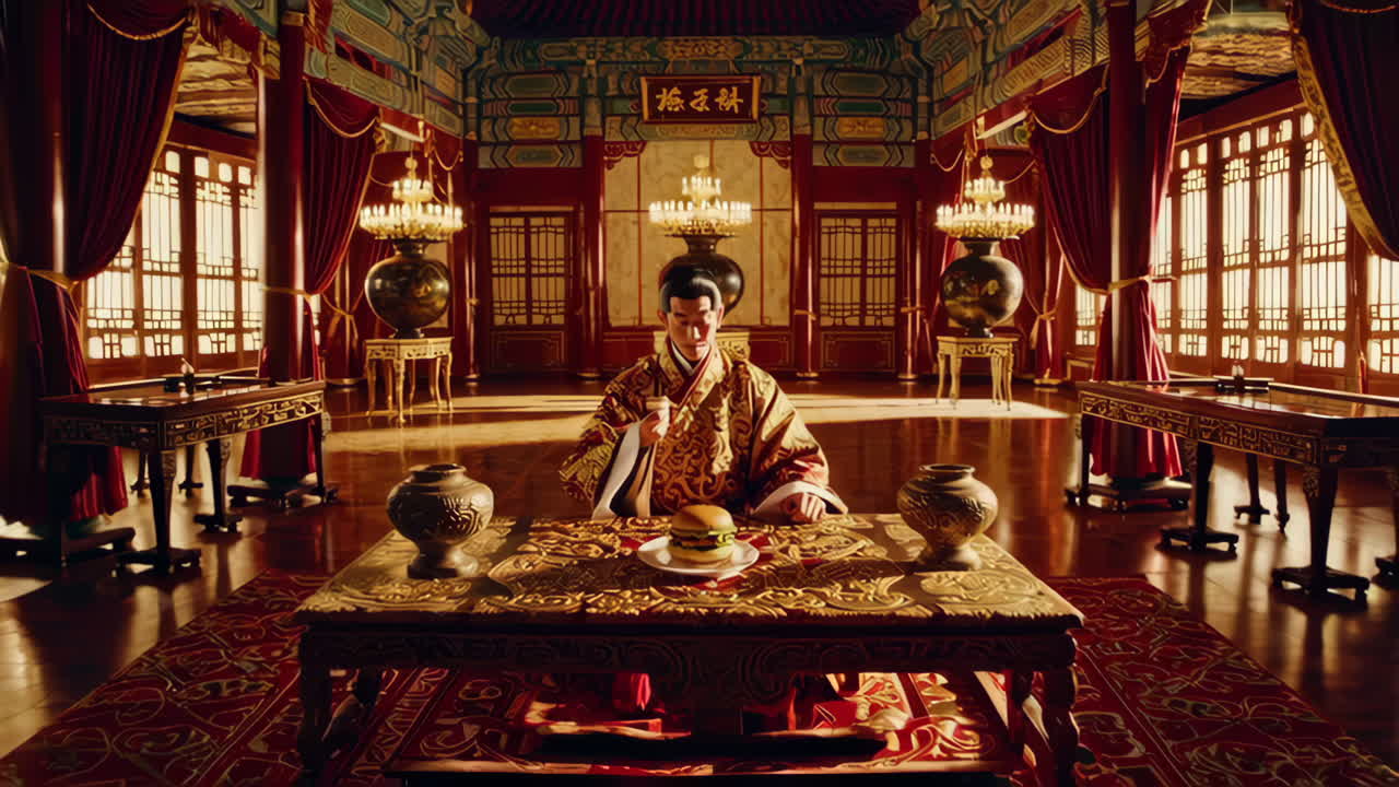 el emperador se come una hamburguesa.