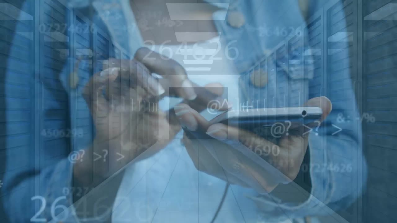 animación de números y procesamiento de datos sobre mujeres afroamericanas usando teléfonos inteligentes y servidores