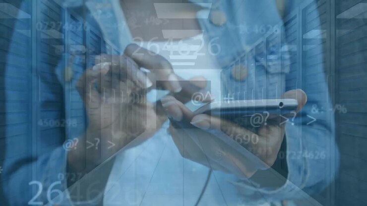 Animation of numbers and data processing over african american woman using smartphone and servers