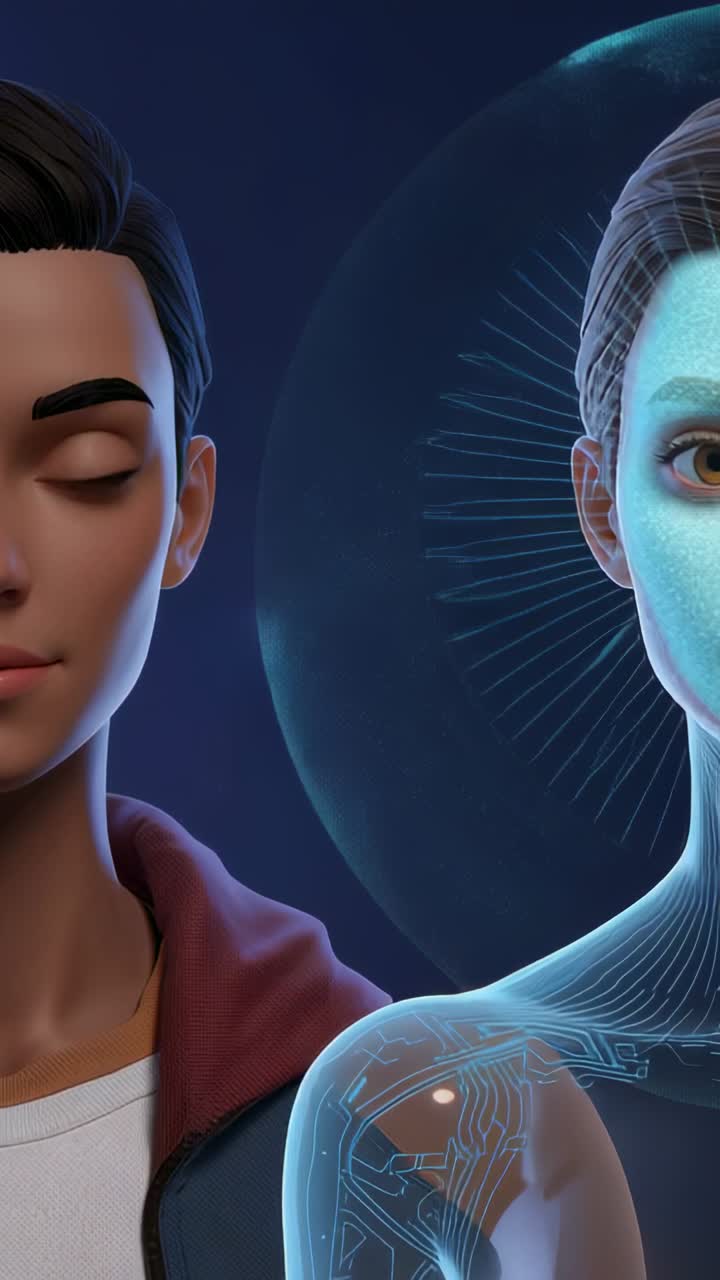 Video verticale: alone iniziale, IA a destra che mostra circuiti illuminati mentre a sinistra indossa una felpa con cappuccio color vinaccia e una t-shirt bianca