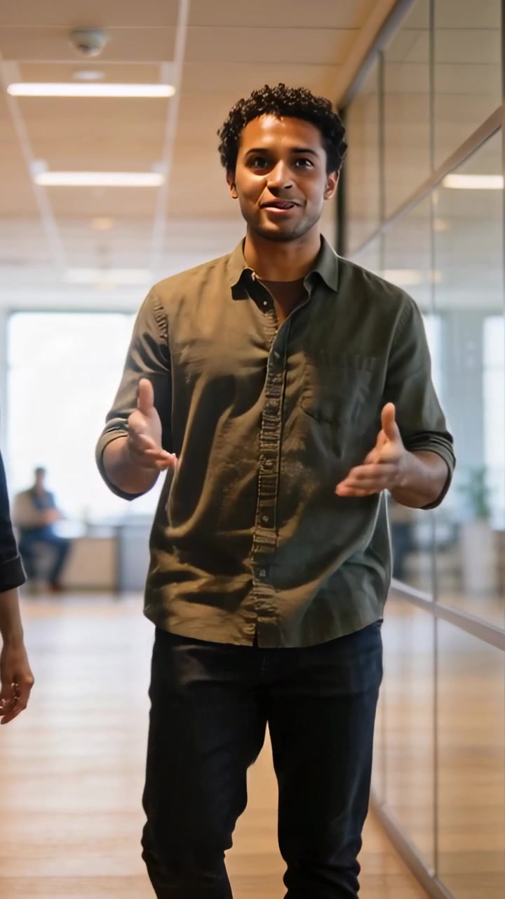 Vertical video: Walking man talking, gesturing down glass hall with colleague joining, olive shirt