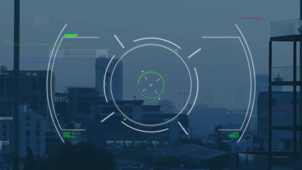 анимация эффекта сбоя и сканирование объекта в сравнении с воздушным видом городского пейзажа.