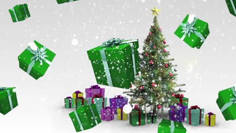 animación de nieve y regalos verdes cayendo sobre regalos alrededor del árbol de navidad.
