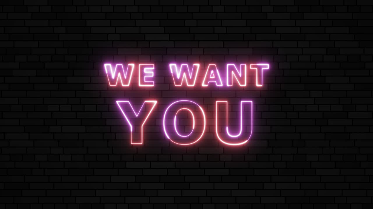 '우리는 당신을 원합니다' 오렌지색과 분홍색 네온 경계선 타이틀 애니메이션 간단한 원활한 루프 애니메이션 텍스트 4k 타이포그래피 모션 그래픽