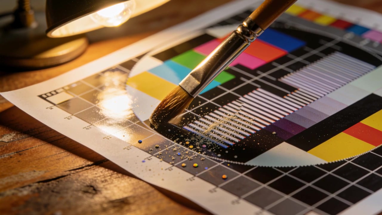 Un pennello si avvicina e tocca la tabella dei colori in studio, stendendo il pigmento sotto una lampada per la calibrazione