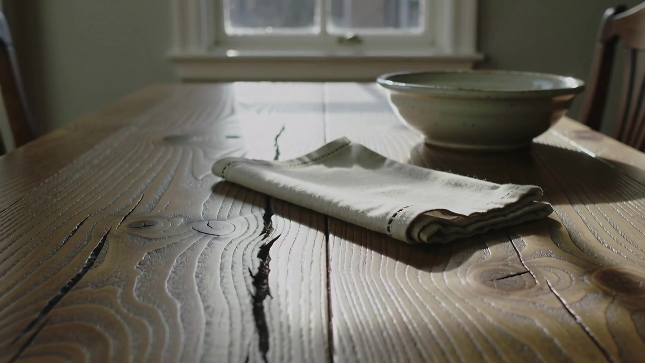 La telecamera si allontana rivelando un tavolo da pranzo in legno in casa, con un tovagliolo piegato e una ciotola in ceramica