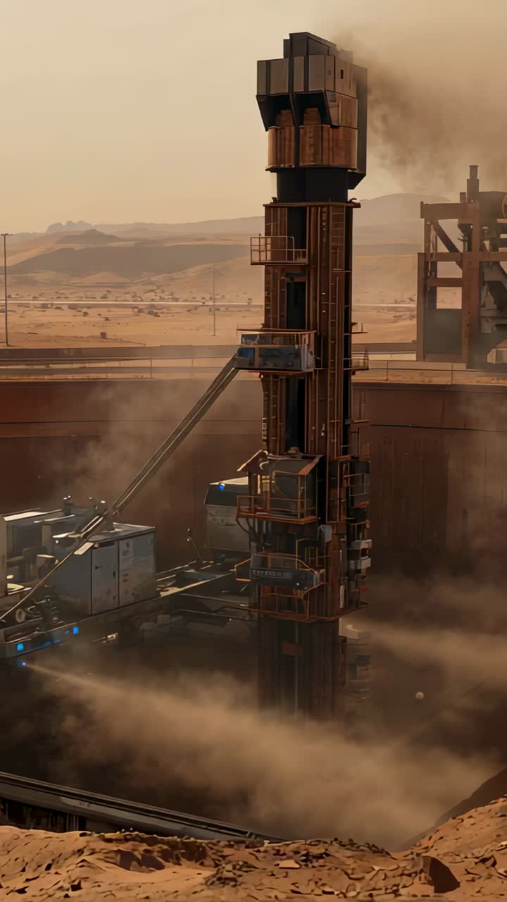 Vertical video: Venting vertical drill tower smoke in open pit for mining, wind lifting dust