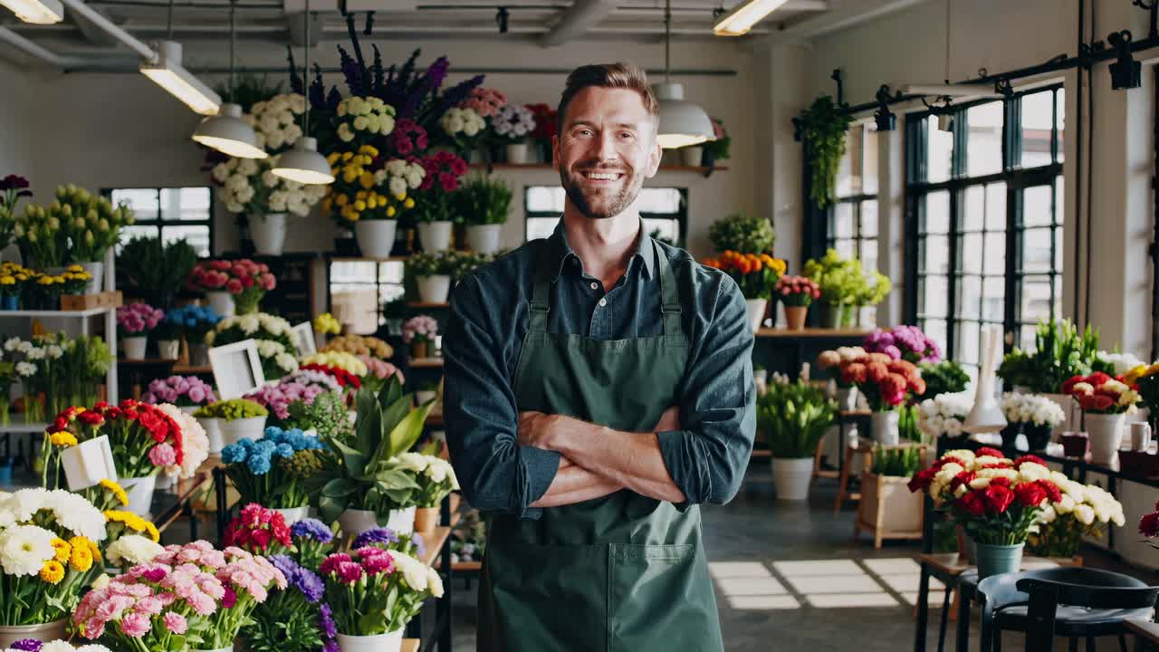 A florist stands confidently among vibrant flowers in a well-lit shop