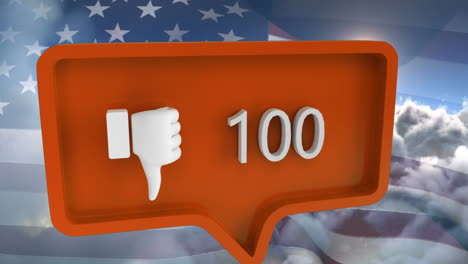 animation of unlike icon with numbers on speech bubble with flag of usa