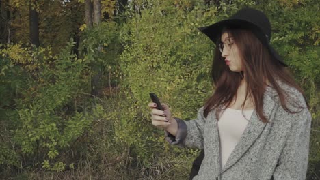 mujer usando el teléfono al aire libre en el follaje de otoño
