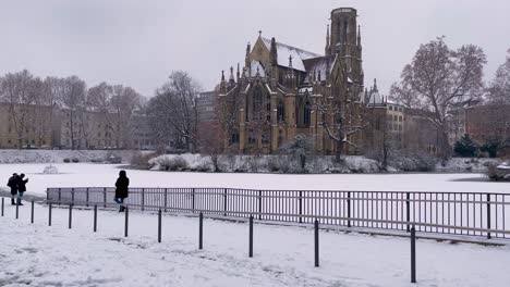 johanneskirche at feuersee covered in snow during winter in stuttgart, germany