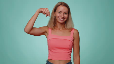 woman pointing down, saying to subscribe, gesturing ok and like, showing place for commercial info