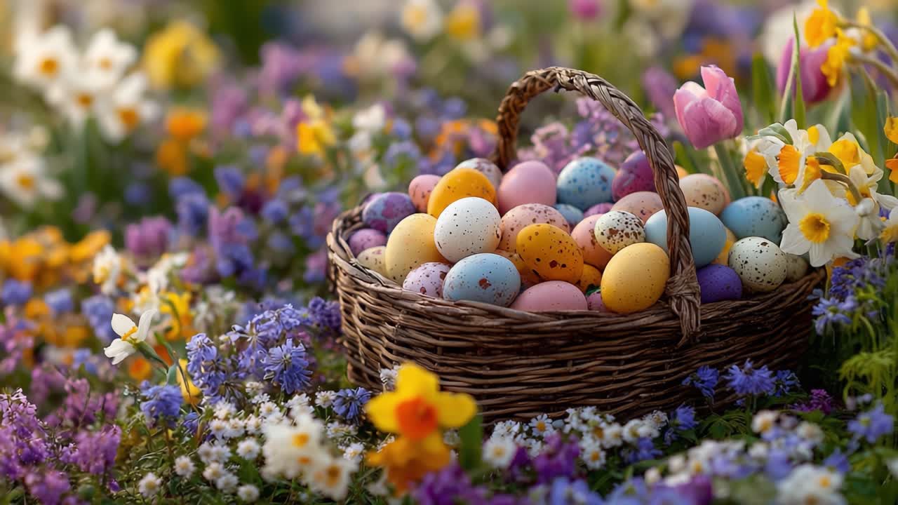 A Vibrant Spring Basket Overflowing with Colorful Easter Eggs Surrounded by an Array of Beautiful Blooms in a Lush Garden Setting