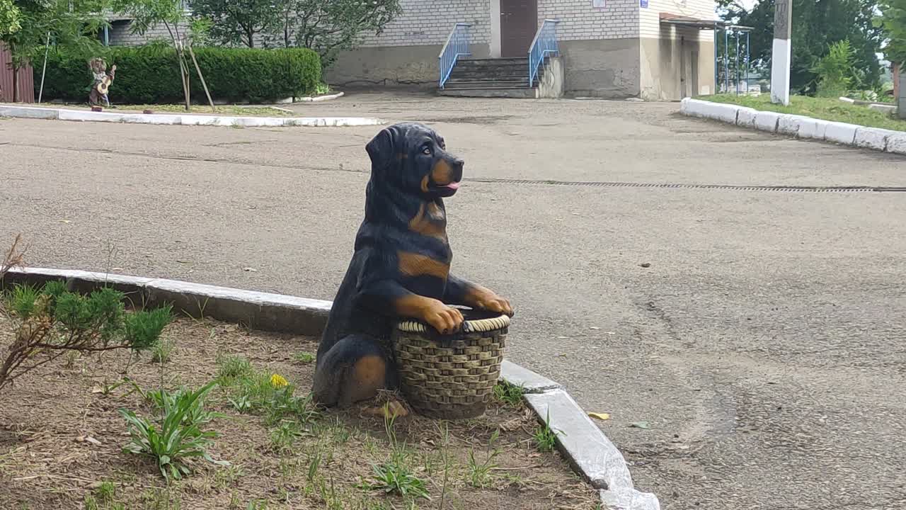 Sztuczna figurka psa z koszykiem w ogrodzie latem