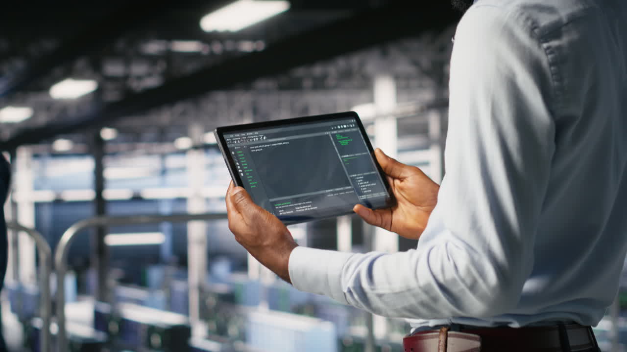 Close up of data center programmer looking at code debugging tools on tablet