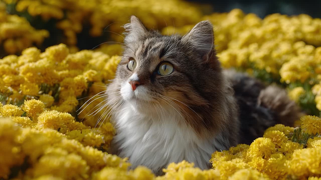 A Curious Cat in a Sea of Yellow Flowers: Captivating Moments of Feline Wonder Amid Vibrant Blossoms