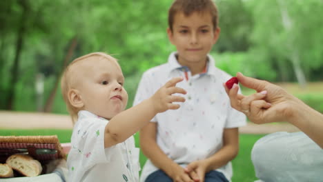 toddler eating cherries in the park