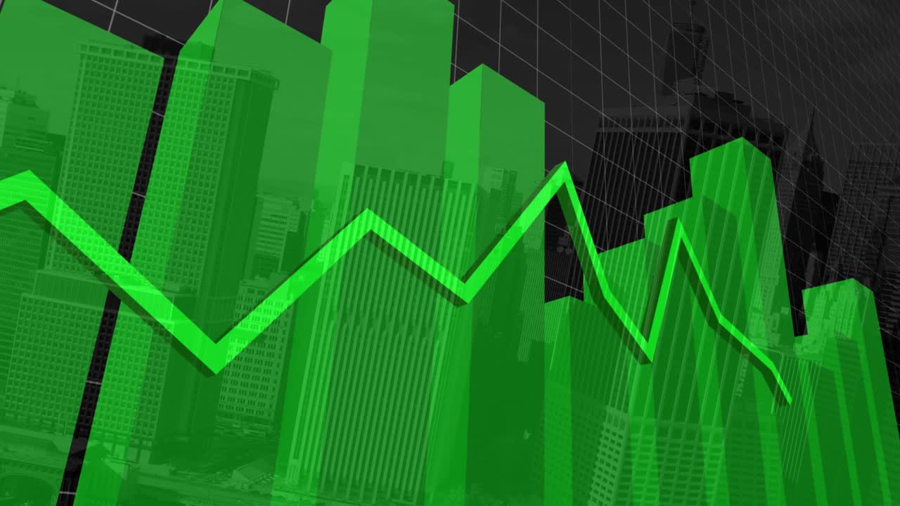 animación del procesamiento de datos financieros con líneas verdes sobre la red y el paisaje urbano