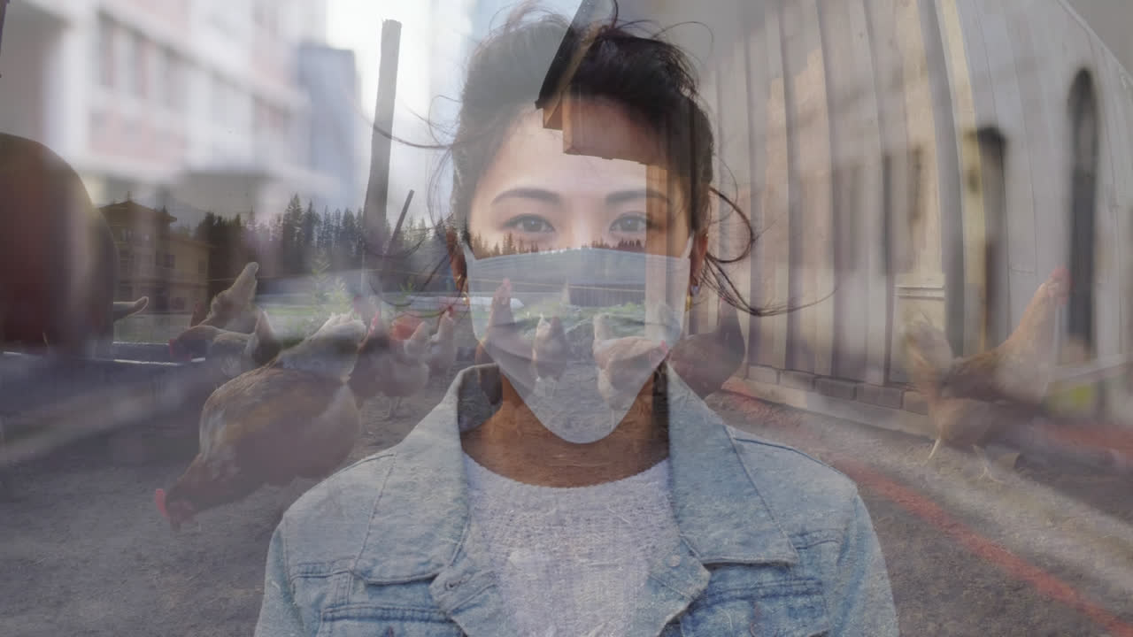 mujer con máscara facial contra cerdos y gallinas comiendo en una granja