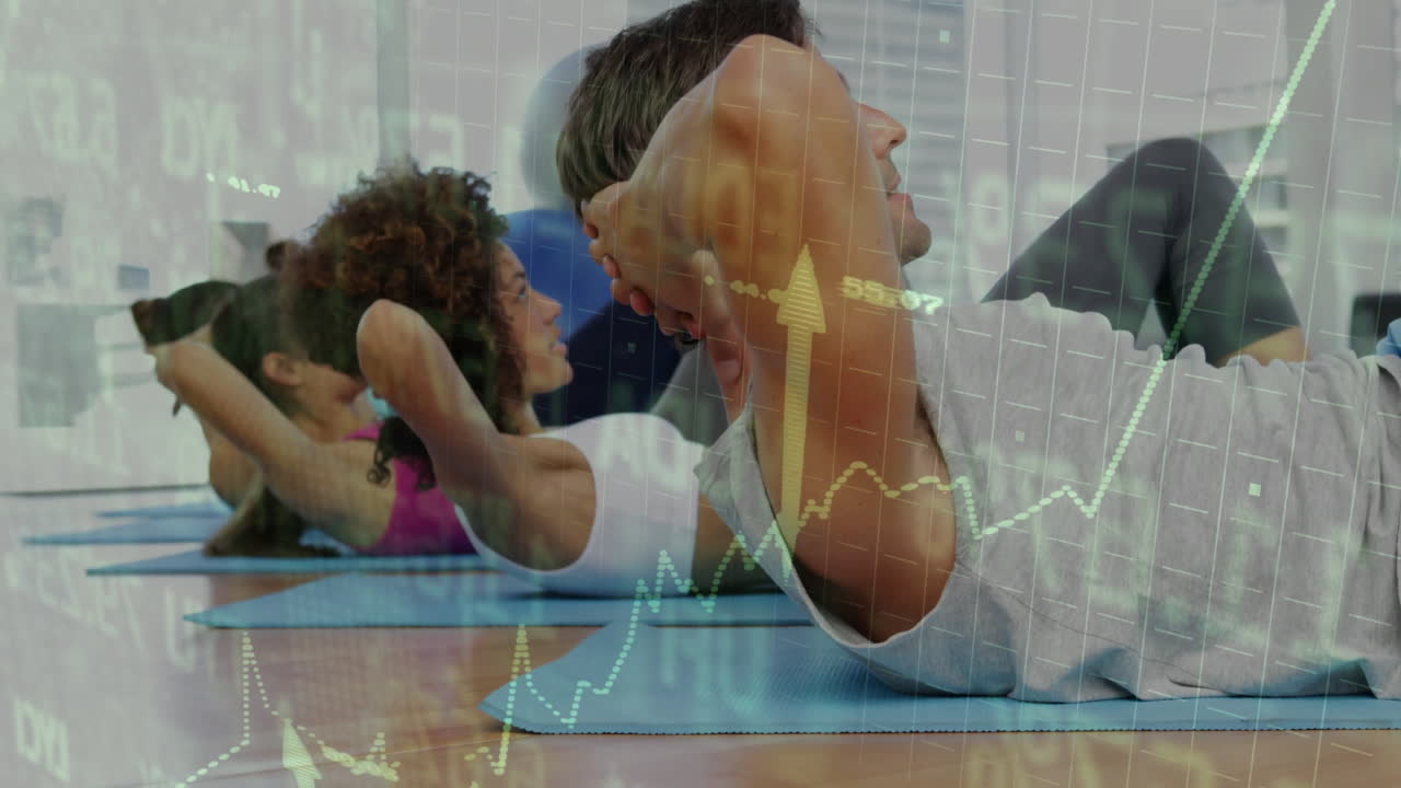 Exercising on mats, people with financial data charts animation overlaying scene