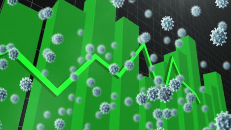 gráficos verdes que se mueven contra las células de covid-19 en el fondo