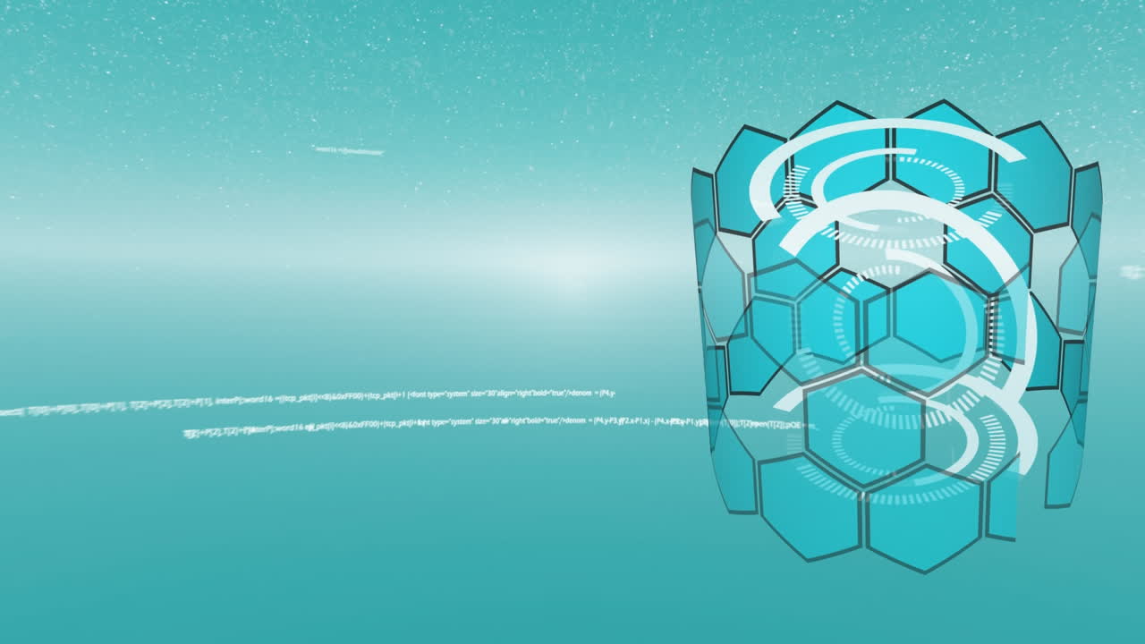 디지털 애니메이션은 회전하는 육각형 실린더로 데이터 처리를 보여줍니다.