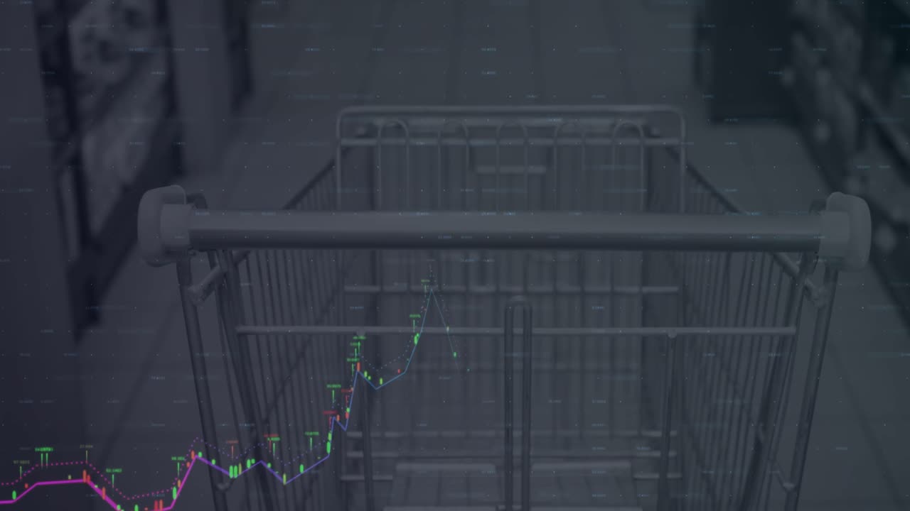 procesamiento de datos financieros y mapa del mundo contra el carrito de compras vacío en la tienda de comestibles